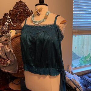 ECI 22 EUC Peacock Blue Embellished side tie top